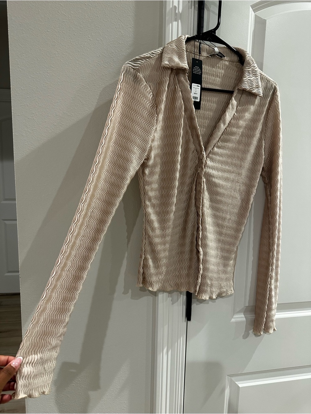 Fashion Nova Cream Textured Long Sleeve Collared Blouse